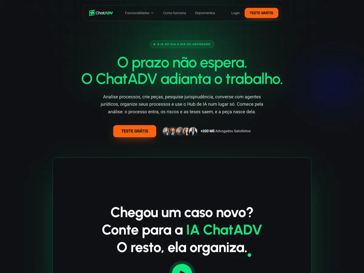 Página inicial do ChatADV, IA para advogados